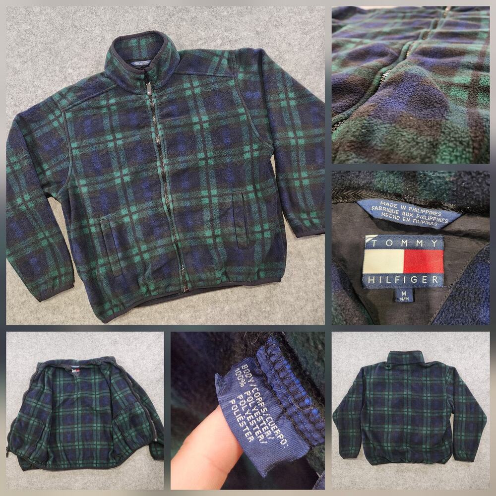 VTG Y2K Tommy Hilfiger Fleece Jacket Mens Medium Green Navy Plaid Full Zip 00s